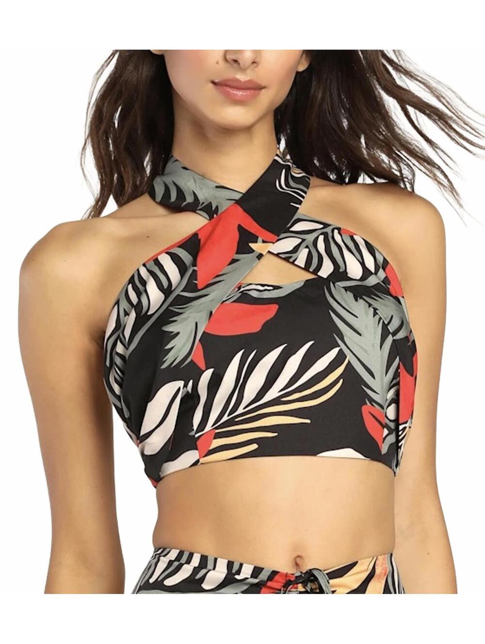 Lulus Tropical Vibes Black Tropical Print Backless Halter Crop Top NWT XS